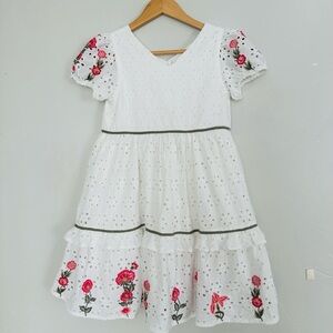 Monsoon White Dress with Pink Floral Accents Embroidery, Cotton Sz 10 yrs.